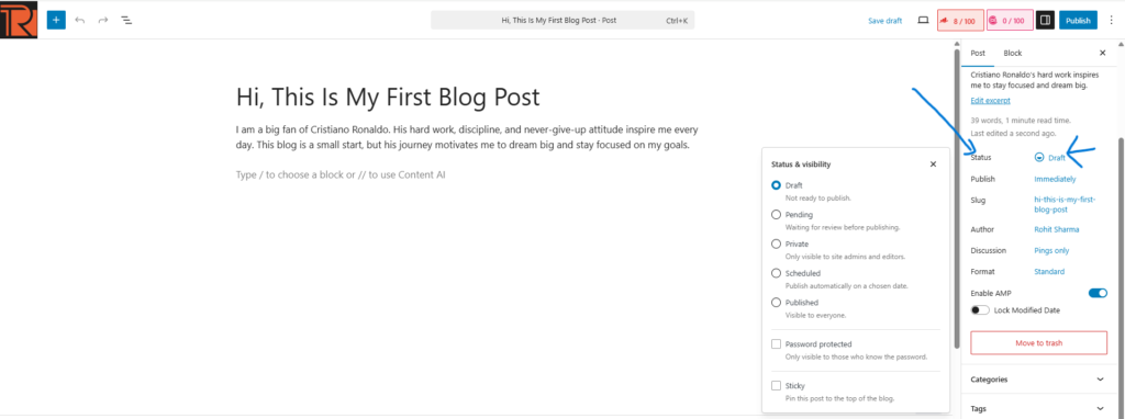 wp Status and Visibility