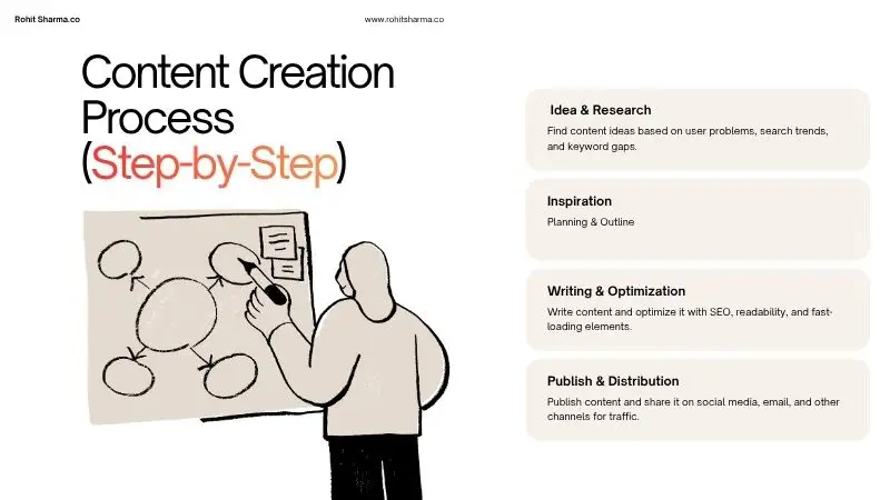 Step-by-step content creation process from idea research to publishing and distribution workflow
