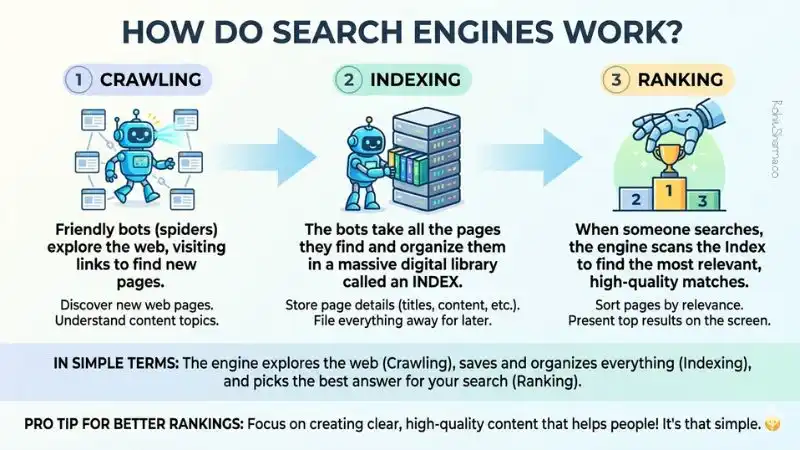What Is SEO? The Complete Guide to Search Engine Optimization in 2026 1 How search engines work infographic showing crawling indexing and ranking process