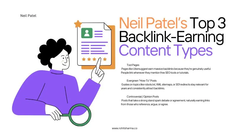 Neil Patel backlink strategy: tools, evergreen guides, and controversial posts