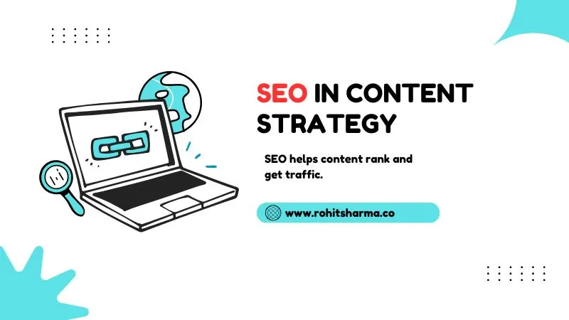 SEO in content strategy showing optimization for search engines, rankings, and organic traffic growth