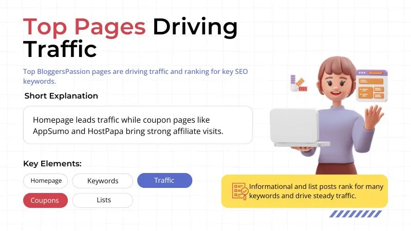 Top pages driving traffic to BloggersPassion including homepage, coupon pages, informational posts and list-based SEO content