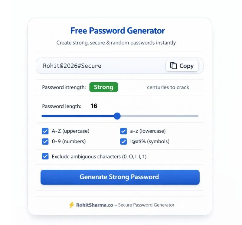 free password generator 2026 Free password generator tool interface showing strong random password creation with security options